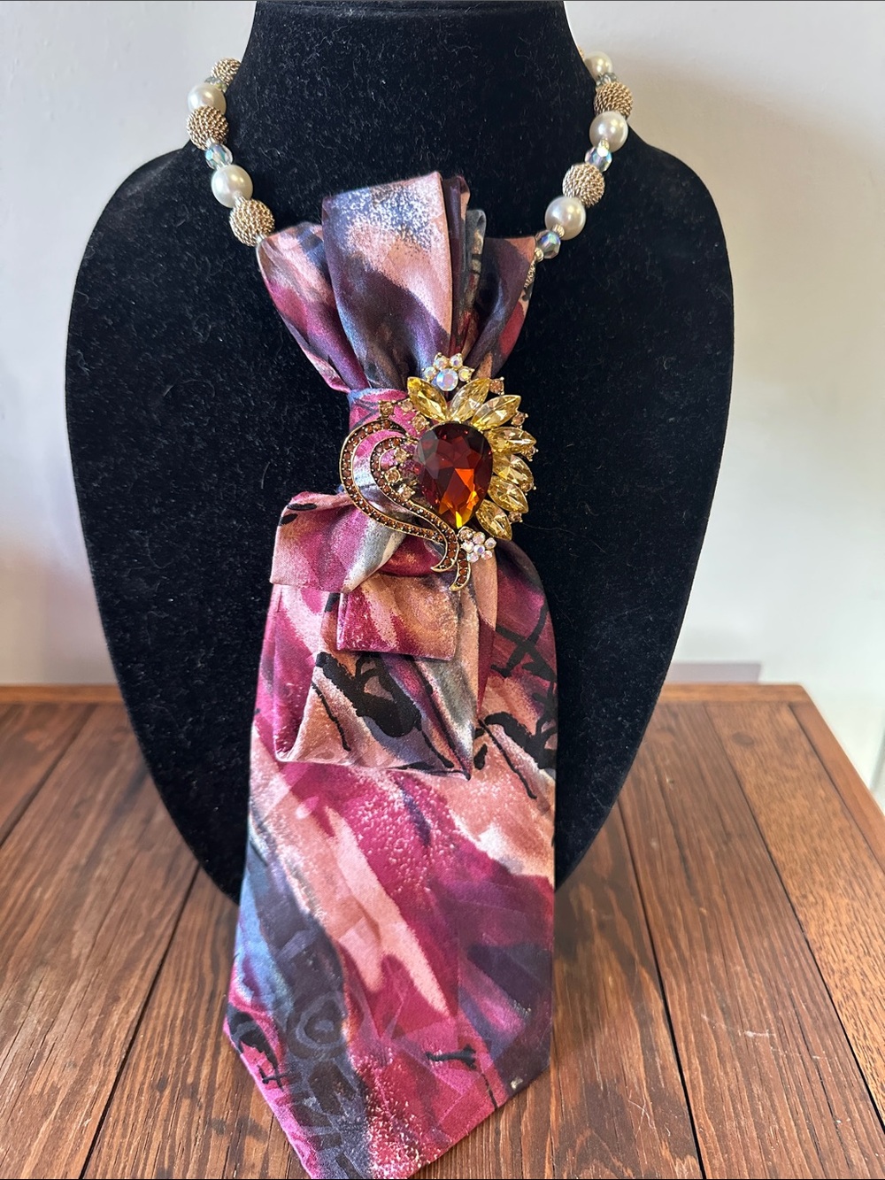 Amber Teardrop Crystal Brooch Yellow Marquise Accents silk tie necklace